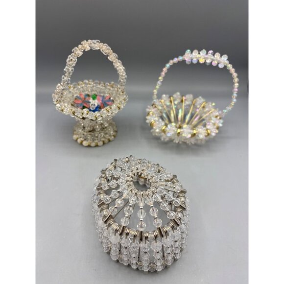 Vtg Beaded Safety Pin Art Decorative Baskets Lamp Shade Set Of 3 - Picture 1 of 8